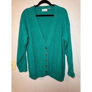 Just Sasha Vintage Teal Green Grid Knit Cardigan Sweater Ramie Cotton Blend S